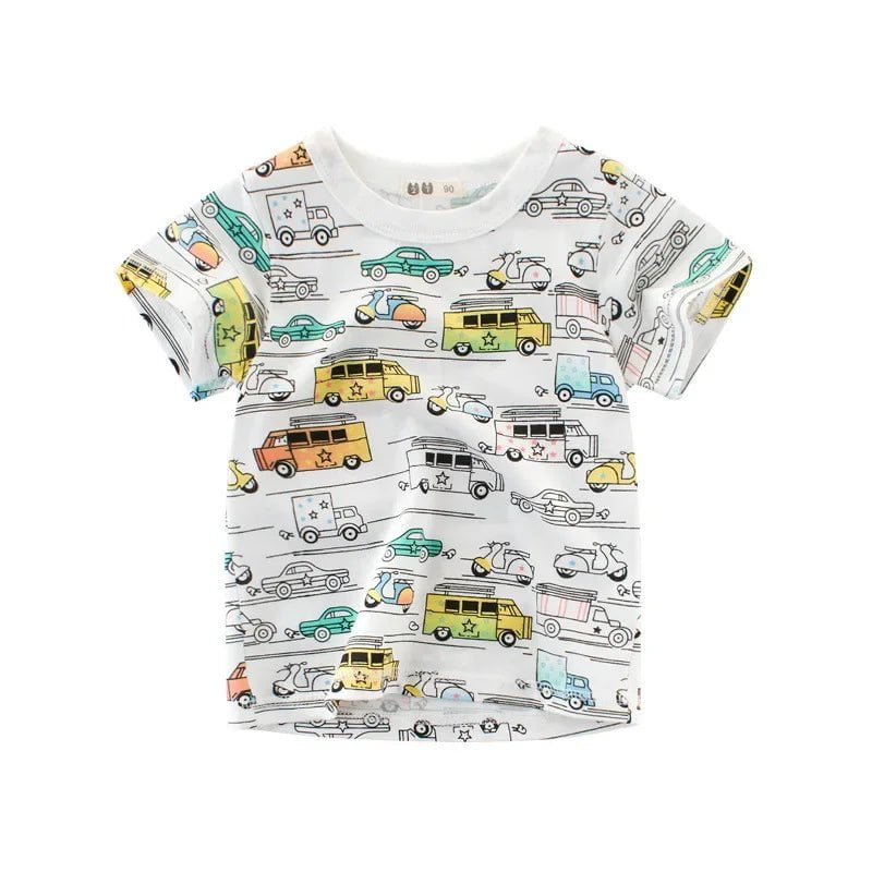 Storazone F / CHINA / 130(7-8) 2024 Children's T-Shirt for Boys Girls Kids Shirts Baby Short Sleeve Full Print Toddler Cotton Cartoon Car Tee Tops Clothing