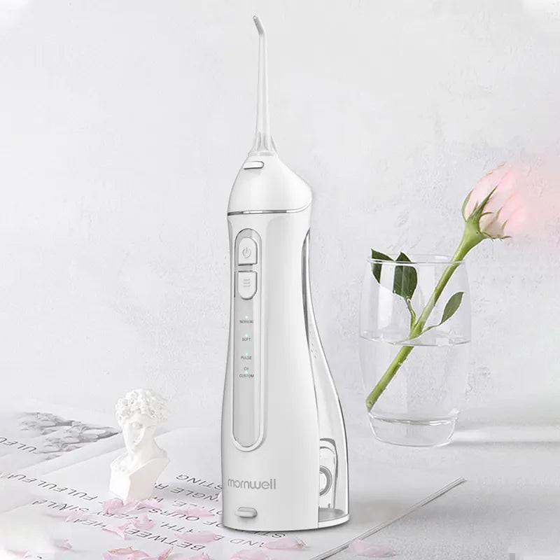 Storazone F27 White / Russian Federation Mornwell Portable Oral Irrigator With Travel Bag Water Flosser USB Rechargeable 5 Nozzles Water Jet 200ml Water Tank Waterproof