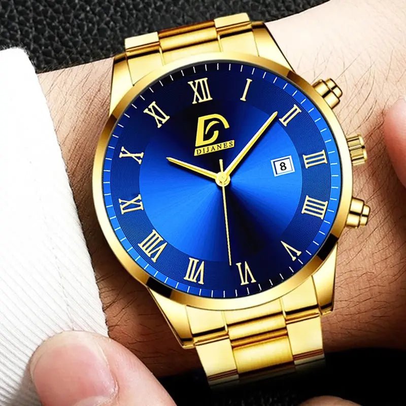 Storazone Fashion Mens Gold Stainless Steel Watches Luxury Minimalist Quartz Wrist Watch Men Business Casual Calendar Watch Reloj Hombre