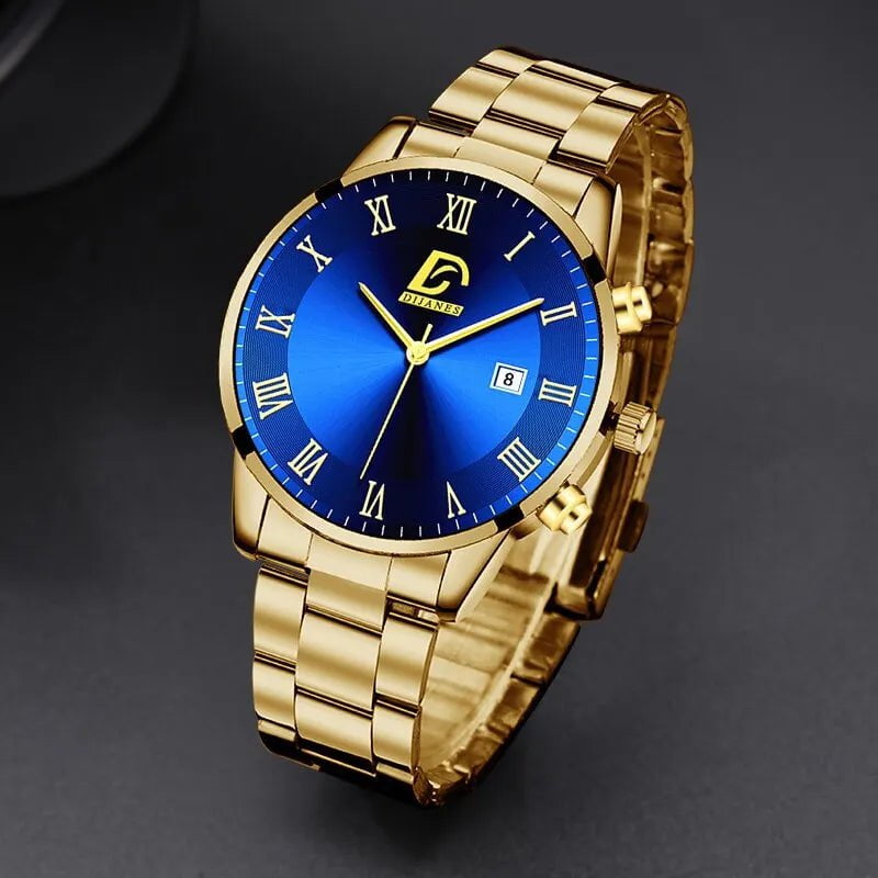 Storazone Fashion Mens Gold Stainless Steel Watches Luxury Minimalist Quartz Wrist Watch Men Business Casual Calendar Watch Reloj Hombre