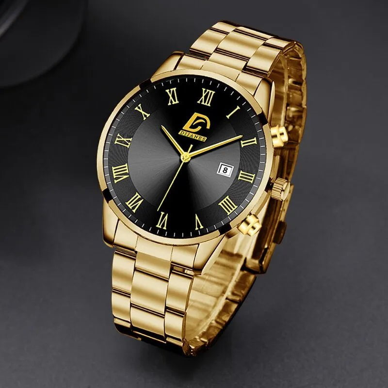 Storazone Fashion Mens Gold Stainless Steel Watches Luxury Minimalist Quartz Wrist Watch Men Business Casual Calendar Watch Reloj Hombre