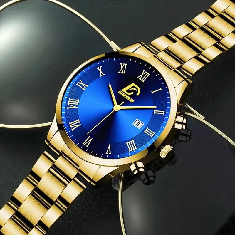 Storazone Fashion Mens Gold Stainless Steel Watches Luxury Minimalist Quartz Wrist Watch Men Business Casual Calendar Watch Reloj Hombre