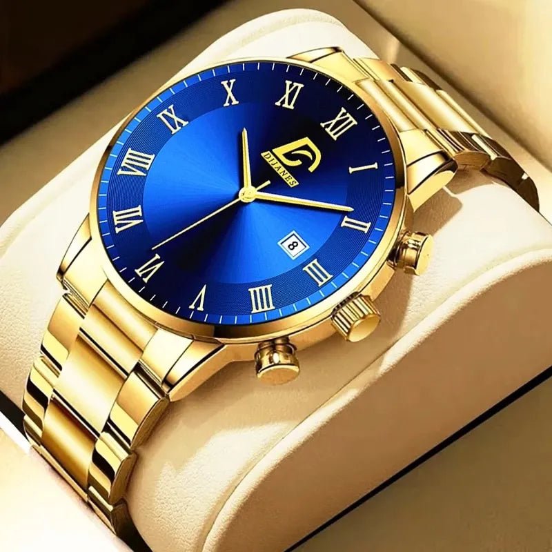Storazone Fashion Mens Gold Stainless Steel Watches Luxury Minimalist Quartz Wrist Watch Men Business Casual Calendar Watch Reloj Hombre