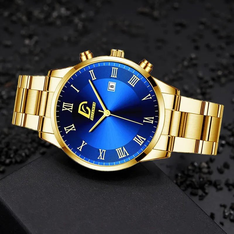 Storazone Fashion Mens Gold Stainless Steel Watches Luxury Minimalist Quartz Wrist Watch Men Business Casual Calendar Watch Reloj Hombre
