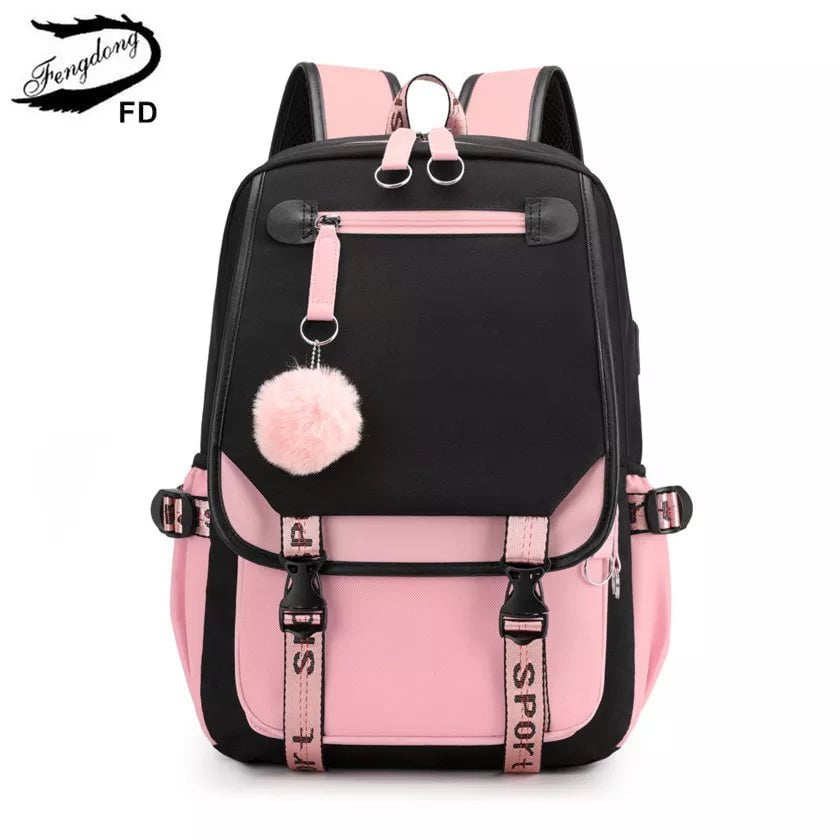 Storazone Fengdong large school bags for teenage girls USB port canvas schoolbag student book bag fashion black pink teen school backpack