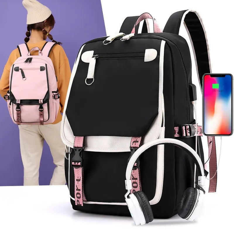 Storazone Fengdong large school bags for teenage girls USB port canvas schoolbag student book bag fashion black pink teen school backpack