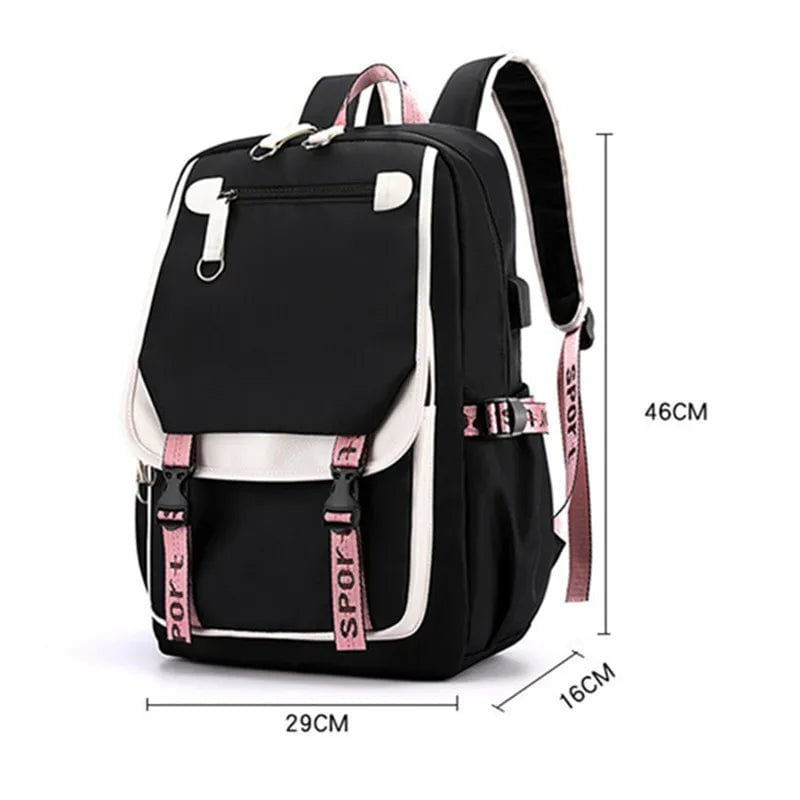 Storazone Fengdong large school bags for teenage girls USB port canvas schoolbag student book bag fashion black pink teen school backpack