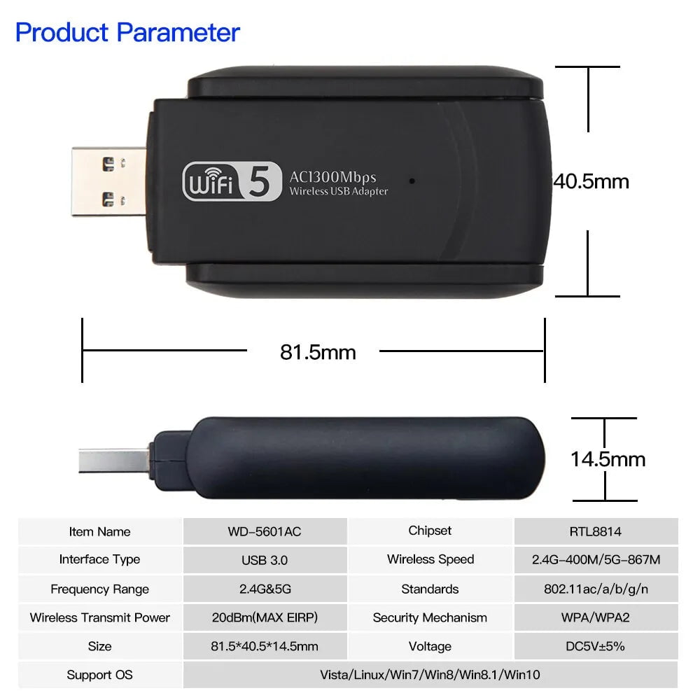 Storazone FENVI 1300Mbps USB 3.0 WiFi Adapter Dual Band 2.4Ghz/5Ghz Wireless WiFi Dongle Antenna USB Ethernet Network Card Receiver For PC