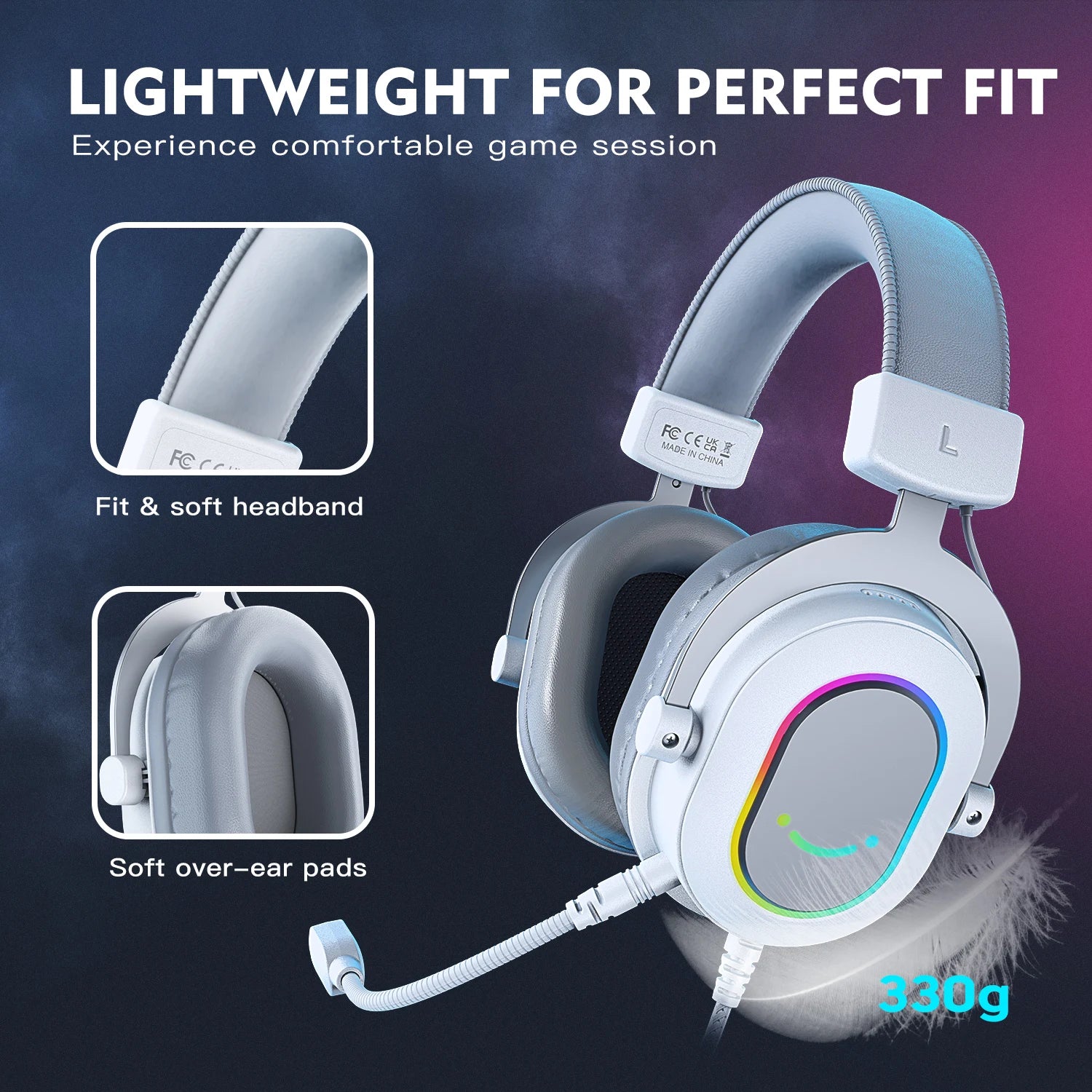 Storazone FIFINE RGB Gaming Headset with 7.1 Surround Sound/3-EQ/MIC,Over-ear Headphone with In-line Control for PC PS4 PS5 Ampligame-H6W