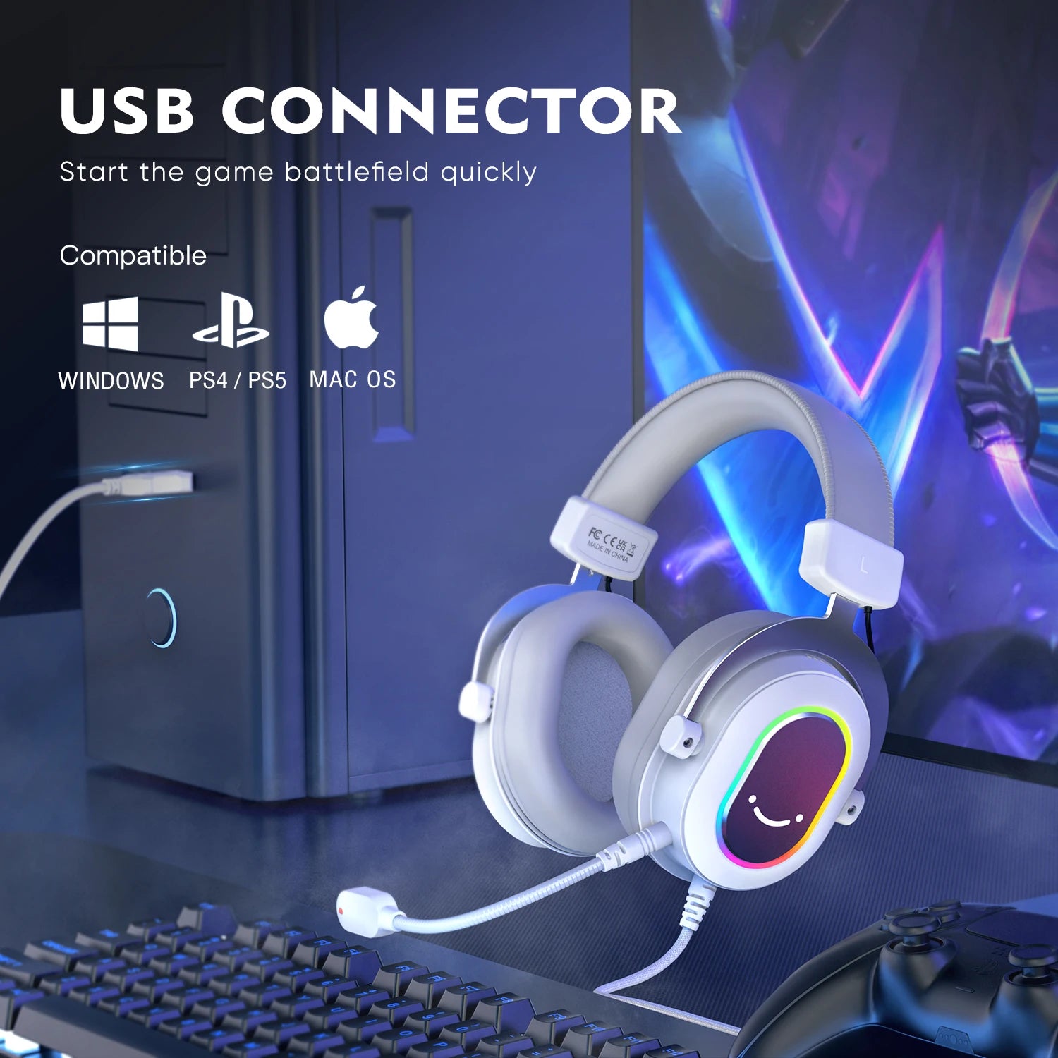 Storazone FIFINE RGB Gaming Headset with 7.1 Surround Sound/3-EQ/MIC,Over-ear Headphone with In-line Control for PC PS4 PS5 Ampligame-H6W