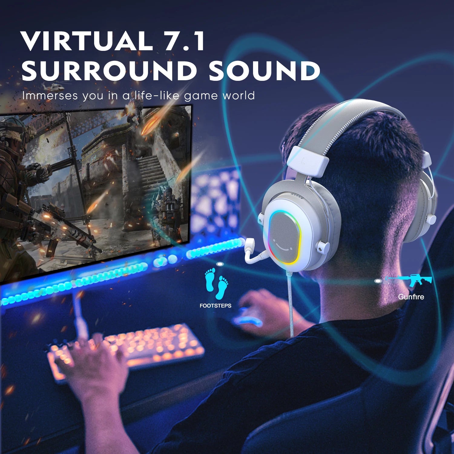Storazone FIFINE RGB Gaming Headset with 7.1 Surround Sound/3-EQ/MIC,Over-ear Headphone with In-line Control for PC PS4 PS5 Ampligame-H6W