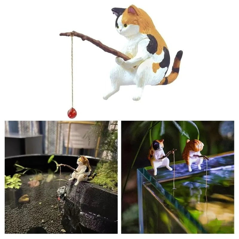 Storazone Fishing Cat Ornaments Aquarium Decoration Fish  Landscaping Cartoon Cat Statue Mini Resin Figurine Home Decorations