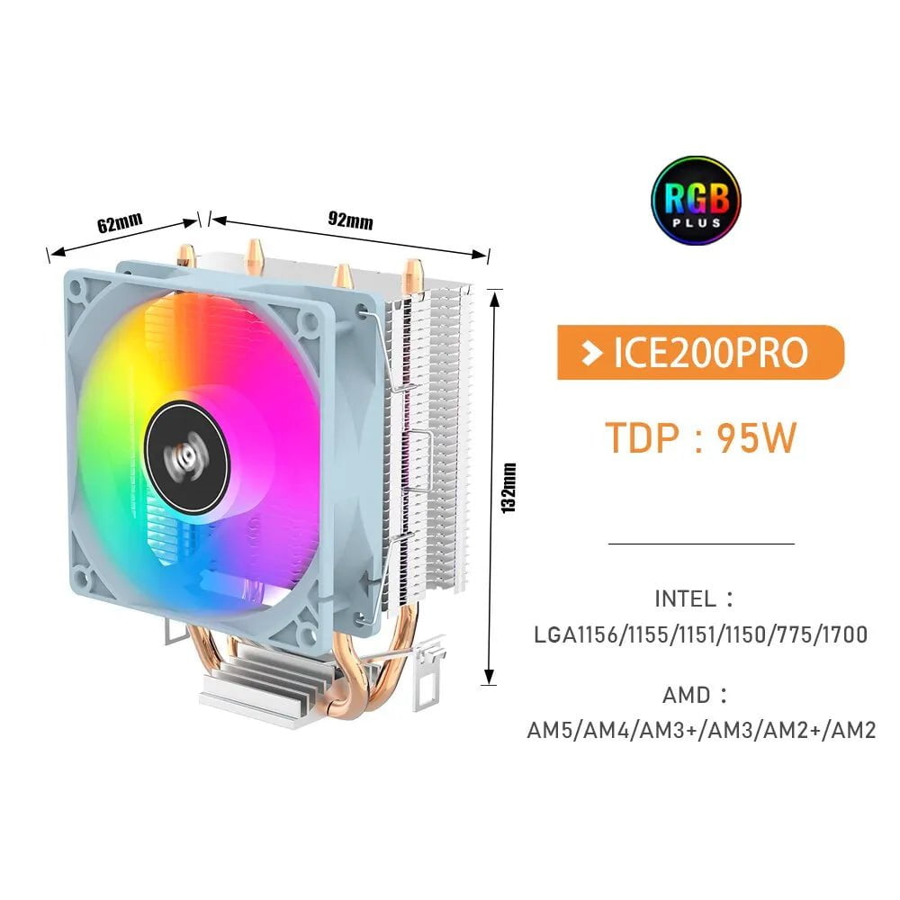 Storazone Fixed Color / WHITE / ICE200PRO Aigo ICE200PRO Air CPU Cooler 2 Heatpipes Radiator Cooling 3PIN PWM Fan Quiet Ventilador For Intel 115X 1200 1700 AM4 AM5 AMD