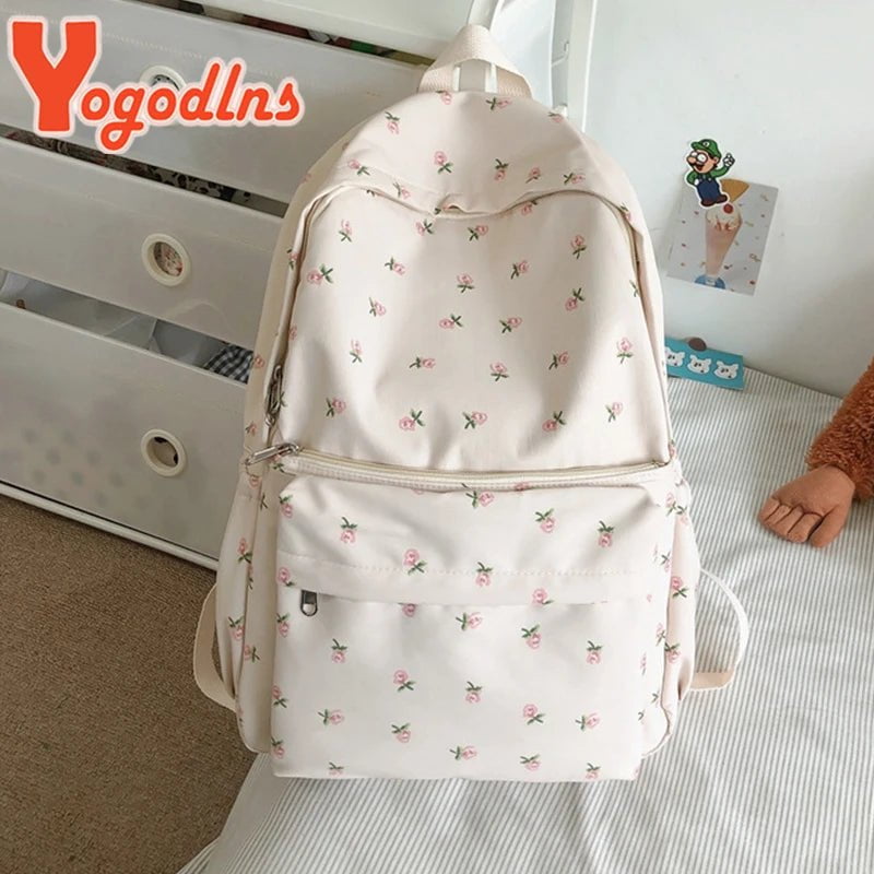 Storazone floral-1 / 31x13x42cm Yogodlns  Fashion Floral Backpack For Women Waterproof Nylon Rucksack Teenager Large Capacity Student School Bag Travel Bag