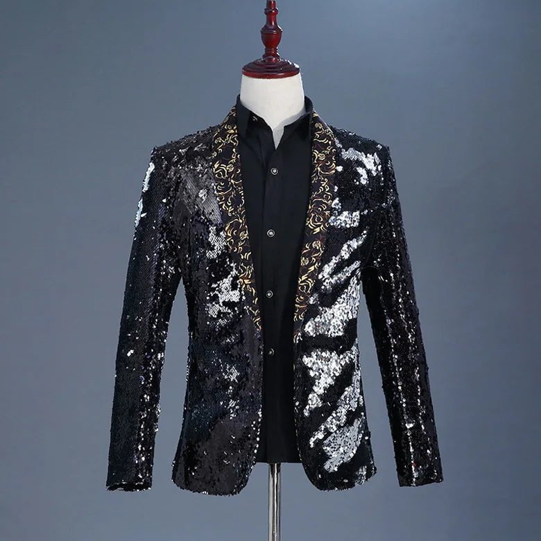 Storazone Floral Collar Black / Asian L Luxury Royal Blue Sequin Dress Blazer Men Nightclub Stage Shawl Collar Mens Suit Jacket Wedding Party Stage Blazer Masculino 2XL