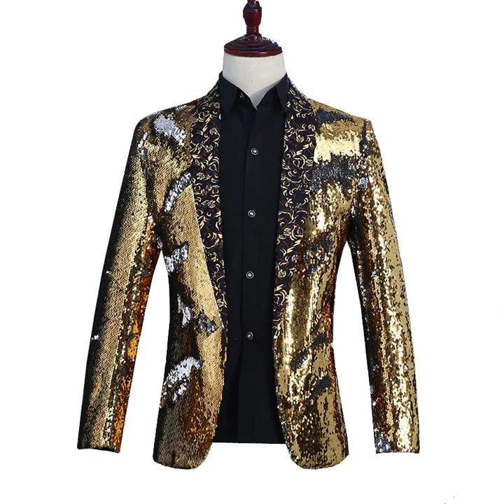 Storazone Floral Collar Gold / Asian L Luxury Royal Blue Sequin Dress Blazer Men Nightclub Stage Shawl Collar Mens Suit Jacket Wedding Party Stage Blazer Masculino 2XL