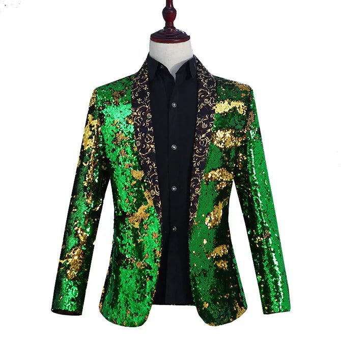 Storazone Floral Collar Green / Asian L Luxury Royal Blue Sequin Dress Blazer Men Nightclub Stage Shawl Collar Mens Suit Jacket Wedding Party Stage Blazer Masculino 2XL
