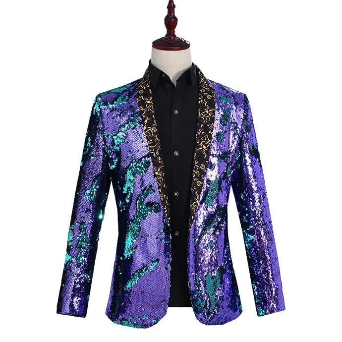 Storazone Floral Collar Purple / Asian L Luxury Royal Blue Sequin Dress Blazer Men Nightclub Stage Shawl Collar Mens Suit Jacket Wedding Party Stage Blazer Masculino 2XL