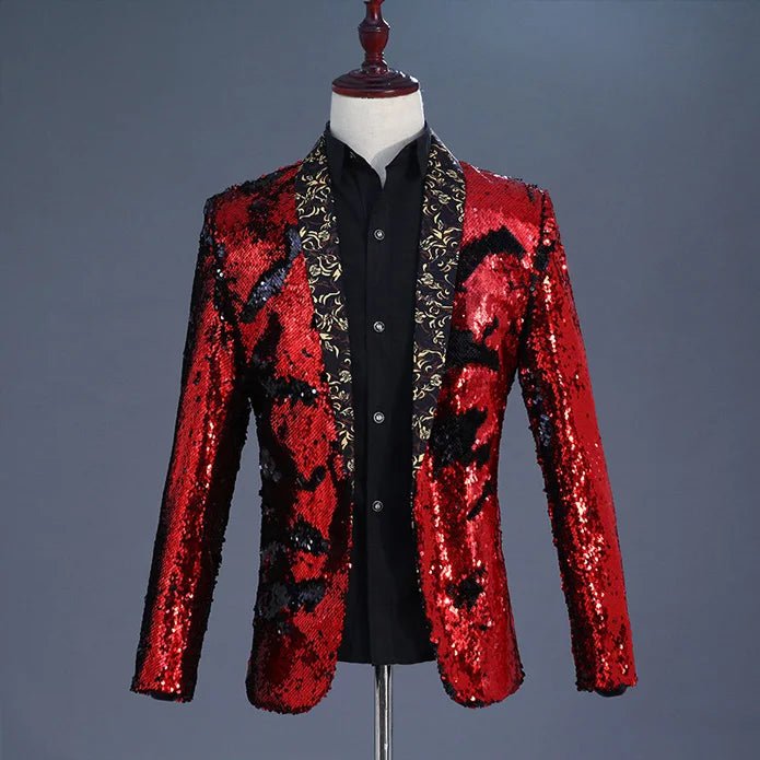 Storazone Floral Collar Red / Asian XXL Luxury Royal Blue Sequin Dress Blazer Men Nightclub Stage Shawl Collar Mens Suit Jacket Wedding Party Stage Blazer Masculino 2XL