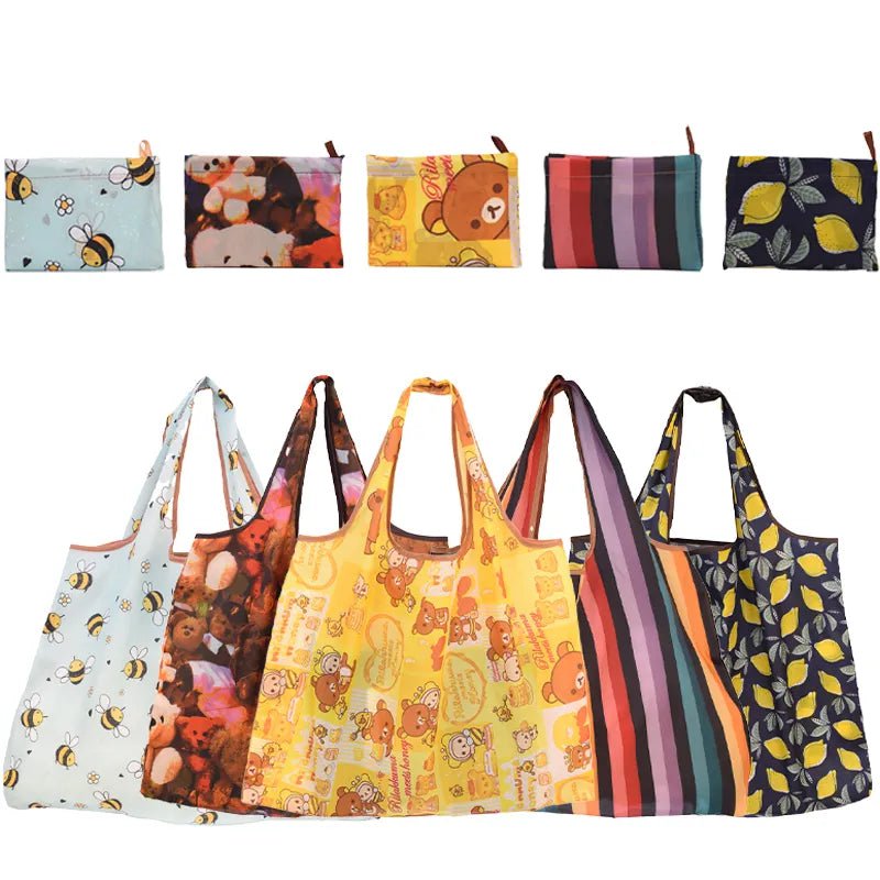 Storazone Foldable Bee Bear Cat Flower Pattern Large Shopping Bag Washable  Reusable Easy to Carry Capacity Handbags