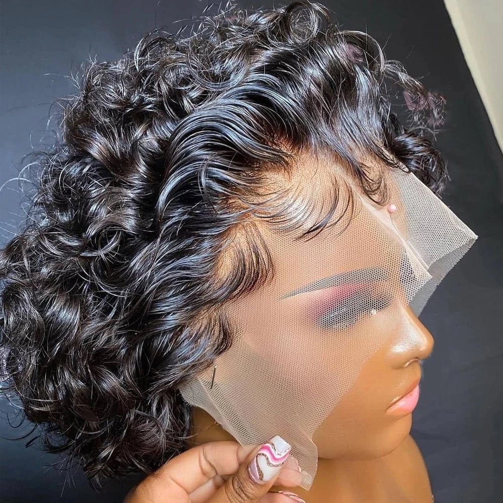 Storazone france / Model Length / 13X4 HD Lace Wig Pixie Cut Wig Short Bob Curly Human Hair Wig 13X4 Transparent Deep Wave Lace Frontal Wig For Women Cheap Human Hair Wig PrePluck