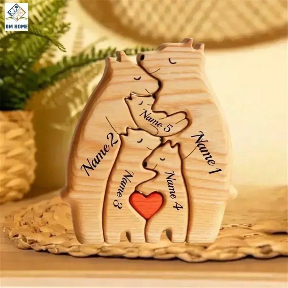 Storazone Free Engraving Personalized Custom Bear Family Wooden Puzzle Christmas Birthday Gift Family Name Sculpture 2-7 Names Desk Decor