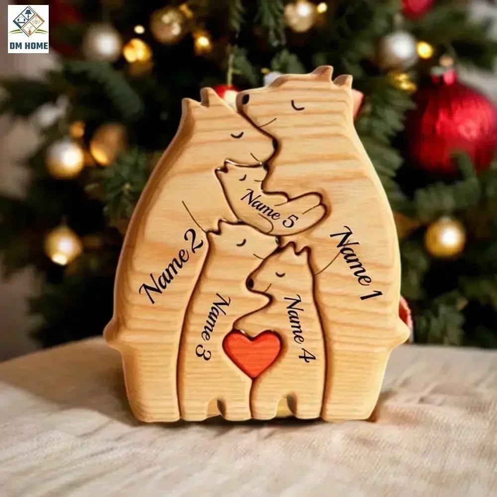 Storazone Free Engraving Personalized Custom Bear Family Wooden Puzzle Christmas Birthday Gift Family Name Sculpture 2-7 Names Desk Decor