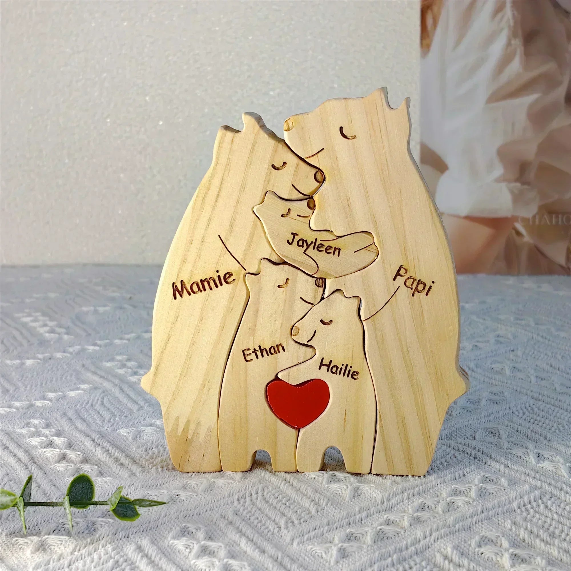 Storazone Free Engraving Personalized Custom Bear Family Wooden Puzzle Christmas Birthday Gift Family Name Sculpture 2-7 Names Desk Decor