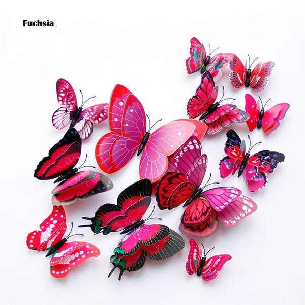 Storazone Fuchsia New Style 12Pcs Double Layer 3D Butterfly Wall Stickers Home Room Decor Butterflies For Wedding Decoration Magnet Fridge Decals