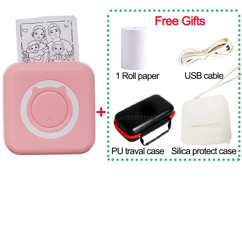 Storazone Full pink Pocket Thermal Printer Bluetooth 200dpi Photo Label Memo List No Ink Printing Wireless Portable Mini Printer with PU Travel Case