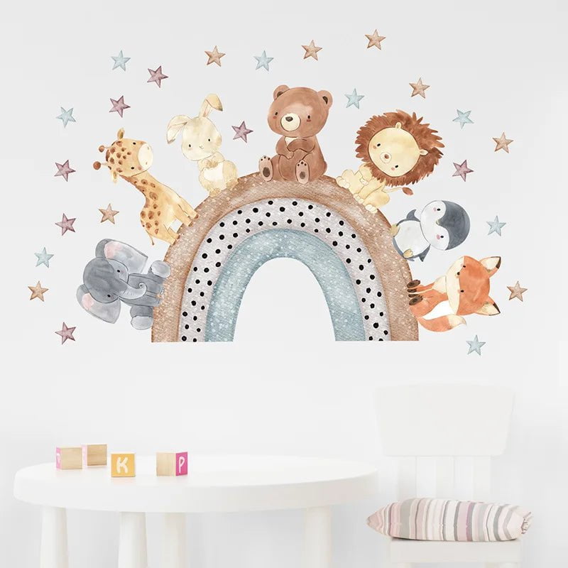 Storazone G Nordic Cartoon Animals Wall Stickers for Kids Rooms Girls Boys Baby Room Decoration Giraffe Elephant Train Birds Star Wallpaper