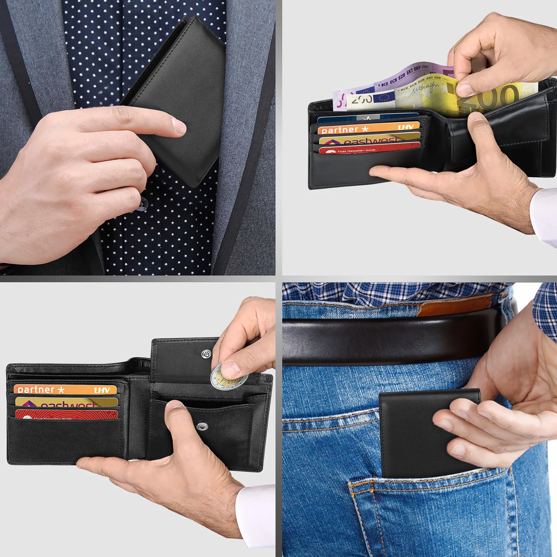 Storazone Genuine Leather Wallet Men Classic Black Soft Purse Coin Pocket Credit Card Holder