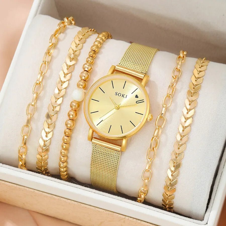 Storazone Gold 6pc Simple Silver Quartz Watch With Bracelet For Women Casual Fashion Round Simple Silver Watch Dainty Wheat Bracelets Set