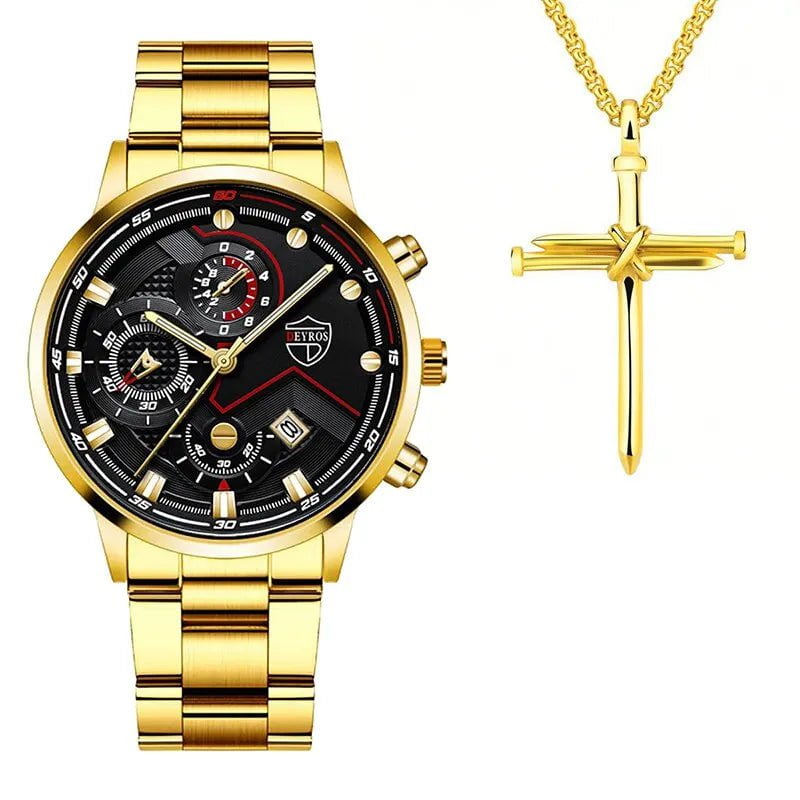 Storazone Gold Black 2PCS Fashion Mens Necklace Watches Set Men Business Calendar Stainless Steel Quartz Watch Male Casual Sports Wristwatch