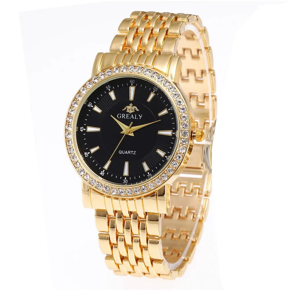 Storazone Gold Black Big / CHINA New Casual Watches Women Luxury Fashion Lovers Watch Rhinestone Stainless steel Quartz Watch Men Women Gift Business Wristwatch