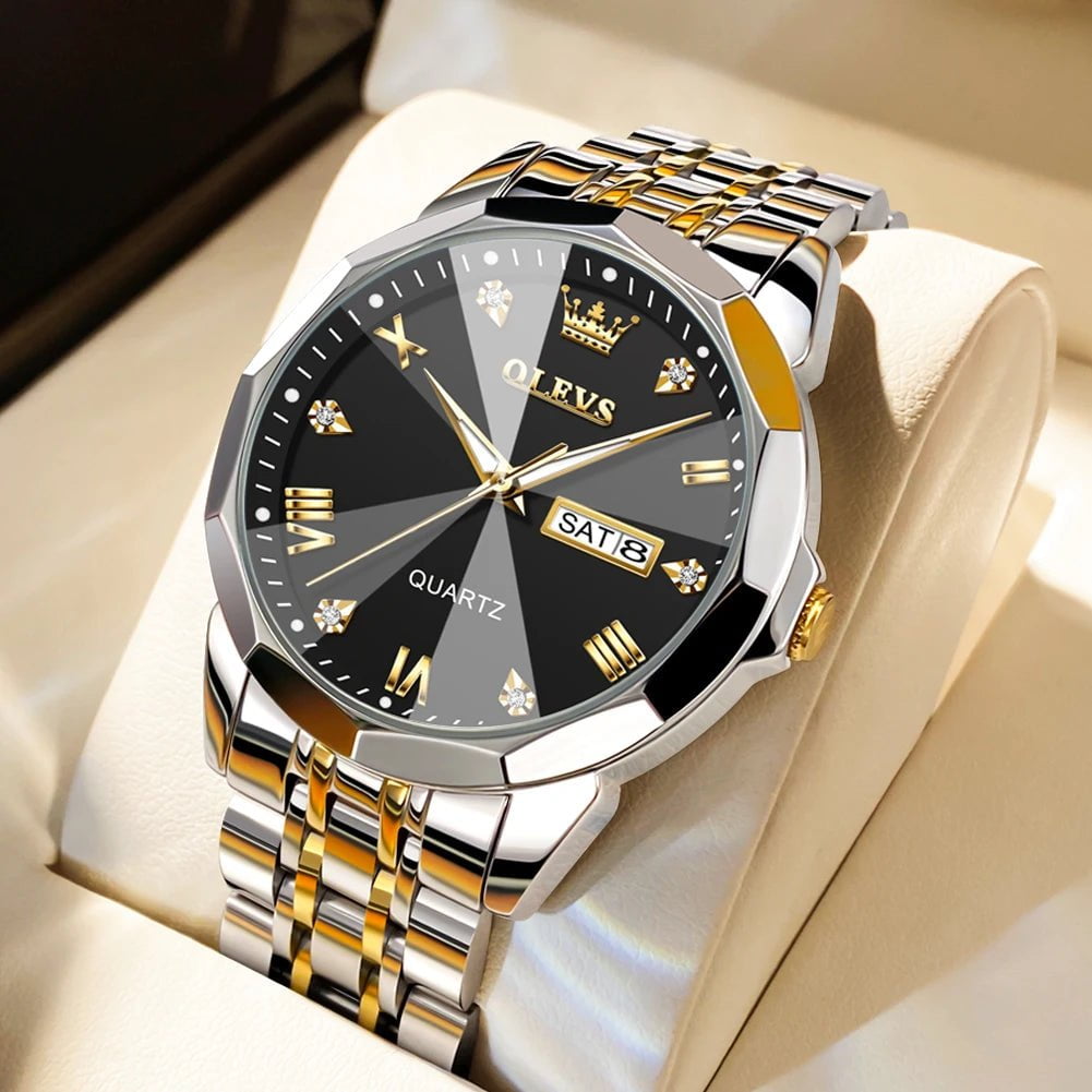 Storazone gold black / CHINA OLEVS Men's Watches Rhombus Mirror Original Quartz Watch for Man Waterproof Luminous Stainless Steel Wristwatch Male Date Week