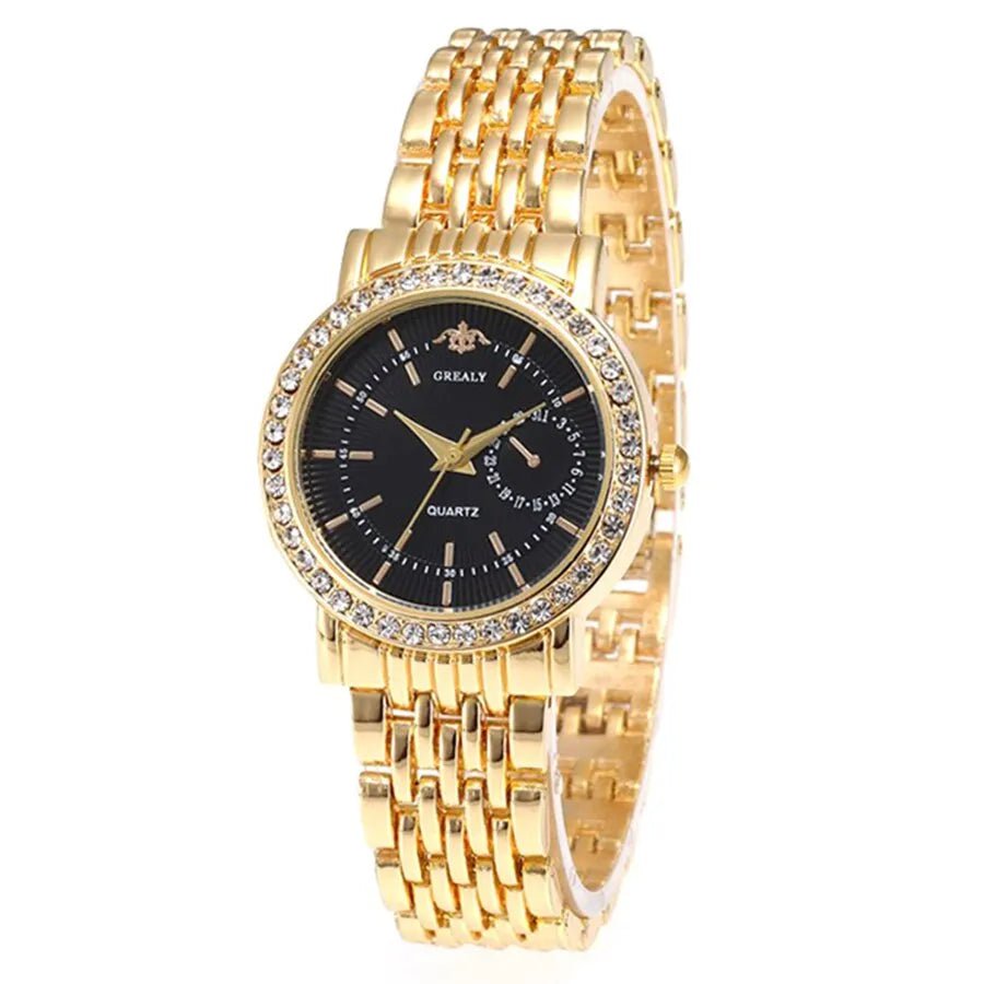 Storazone Gold black Exquisite Women Quartz Watch Business Fashion Casual Round Rhinestone Quartz Watch Gift For Friends Family
