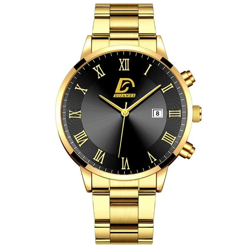 Storazone Gold Black Fashion Mens Gold Stainless Steel Watches Luxury Minimalist Quartz Wrist Watch Men Business Casual Calendar Watch Reloj Hombre