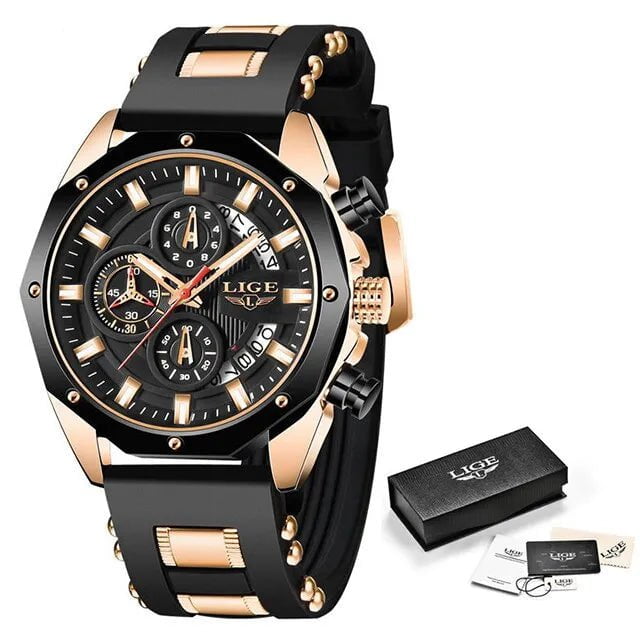 Storazone gold black LIGE Fashion Men Watches Top Brand Luxury Silicone Sport Watch Men Quartz Date Clock Waterproof Wristwatch Chronograph Clock Man