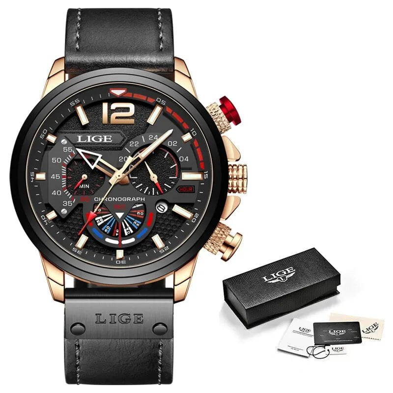 Storazone gold black LIGE Fashion Watch Man Luxury Chronograph Sport Mens Watches Quartz Wristwatches Leather Male Waterproof Clock Relogio Masculino
