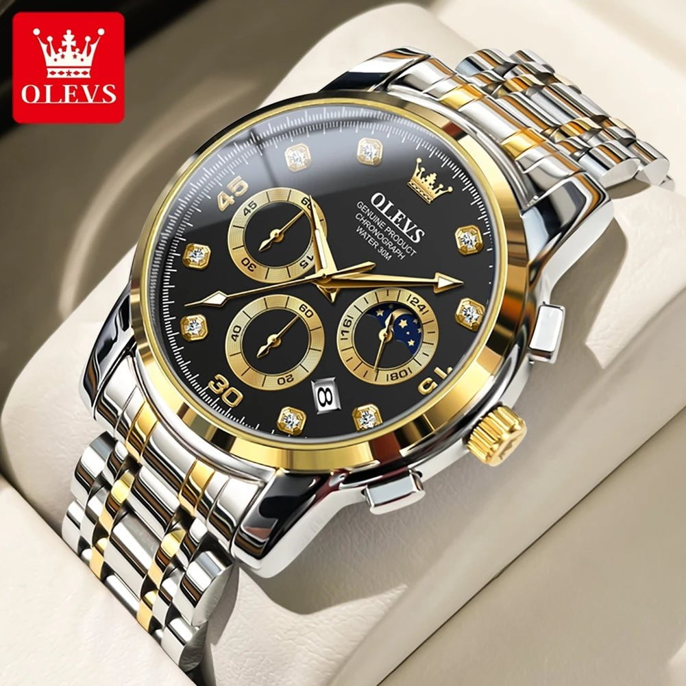 Storazone Gold Black OLEVS Luxury Watch for Men Original High Quality Man Quartz Wristwatches Waterproof Moon Phase Design Men's Watches Reloj Hombre