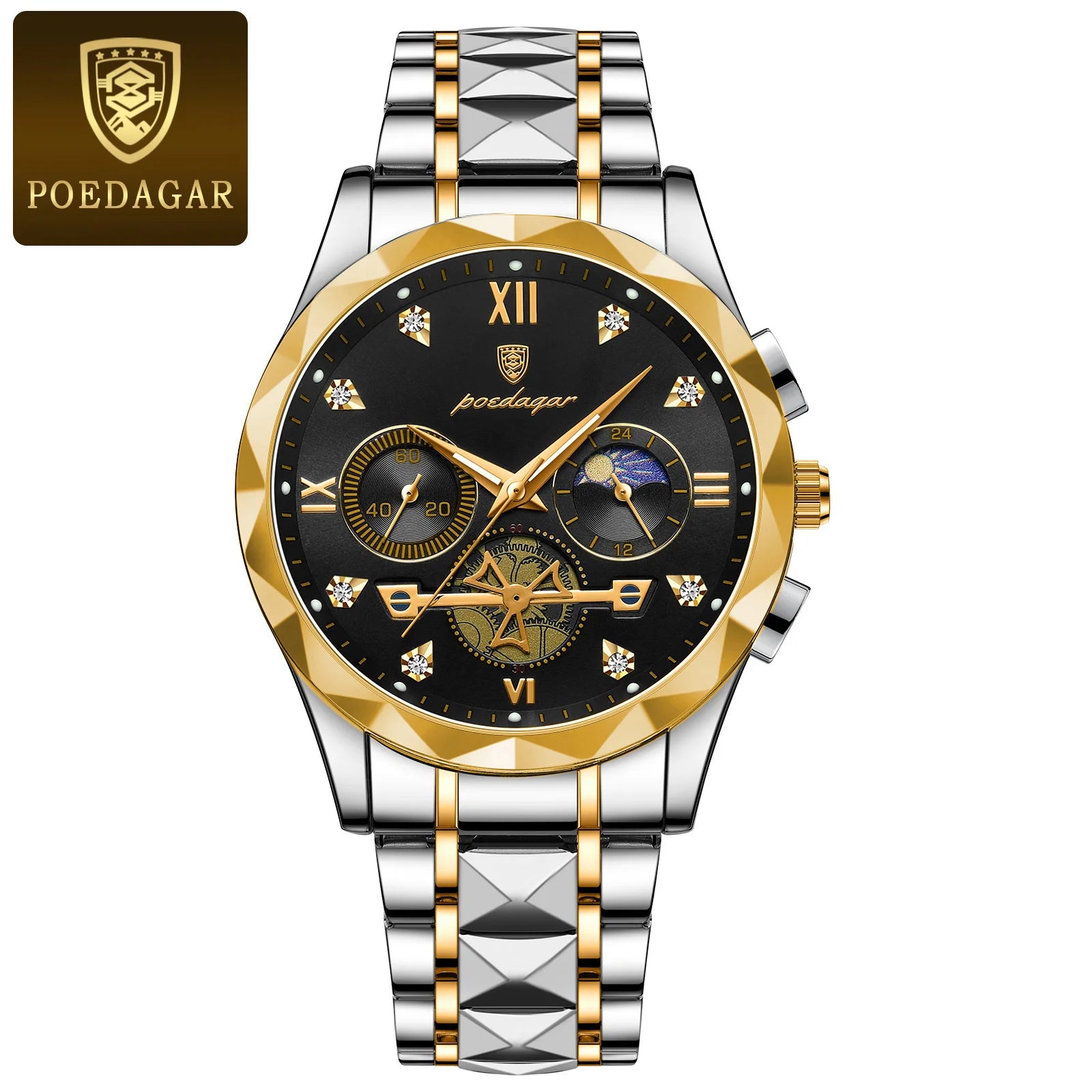 Storazone Gold Black POEDAGAR Luxury Man Wristwatch Waterproof Luminous Chronograph Watch for Men Stainless Steel Men's Quartz Watches reloj hombre