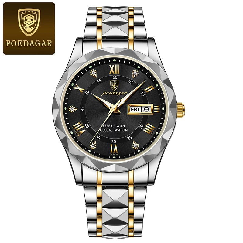 Storazone Gold Black POEDAGAR Men Luxury Watches Stainless Steel Quartz Wrsitwatches Male Auto Date Clock with Luminous New Design Business Hands+box