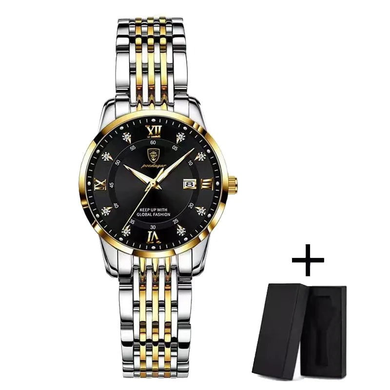 Storazone Gold Black S POEDAGAR Women Watches Luxury Fashion Ladies Quartz Watch Waterproof Luminous Date Stainless Stain Wristwatch Girlfriend Gift