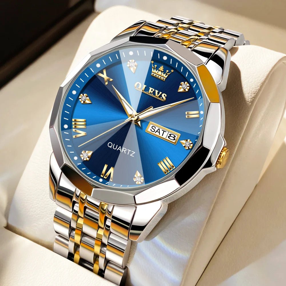 Storazone gold blue / CHINA OLEVS Men's Watches Rhombus Mirror Original Quartz Watch for Man Waterproof Luminous Stainless Steel Wristwatch Male Date Week