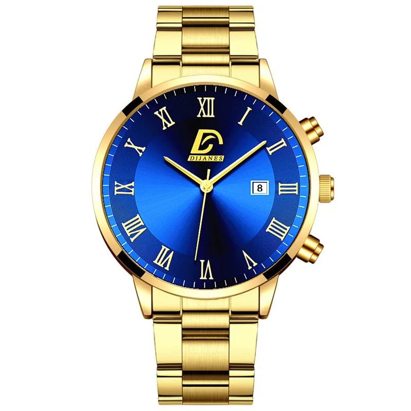 Storazone Gold Blue Fashion Mens Gold Stainless Steel Watches Luxury Minimalist Quartz Wrist Watch Men Business Casual Calendar Watch Reloj Hombre