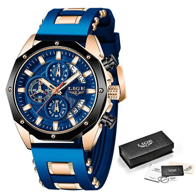 Storazone gold blue LIGE Fashion Men Watches Top Brand Luxury Silicone Sport Watch Men Quartz Date Clock Waterproof Wristwatch Chronograph Clock Man
