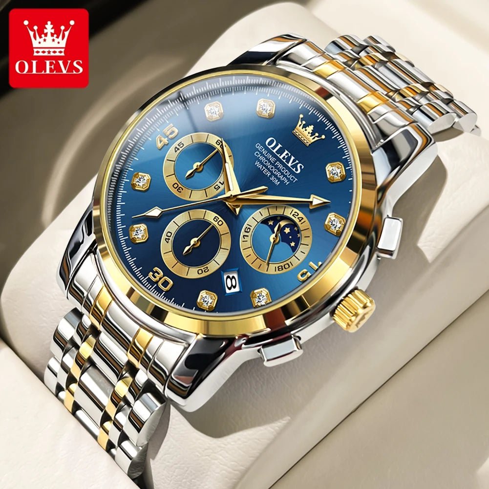 Storazone Gold Blue OLEVS Luxury Watch for Men Original High Quality Man Quartz Wristwatches Waterproof Moon Phase Design Men's Watches Reloj Hombre