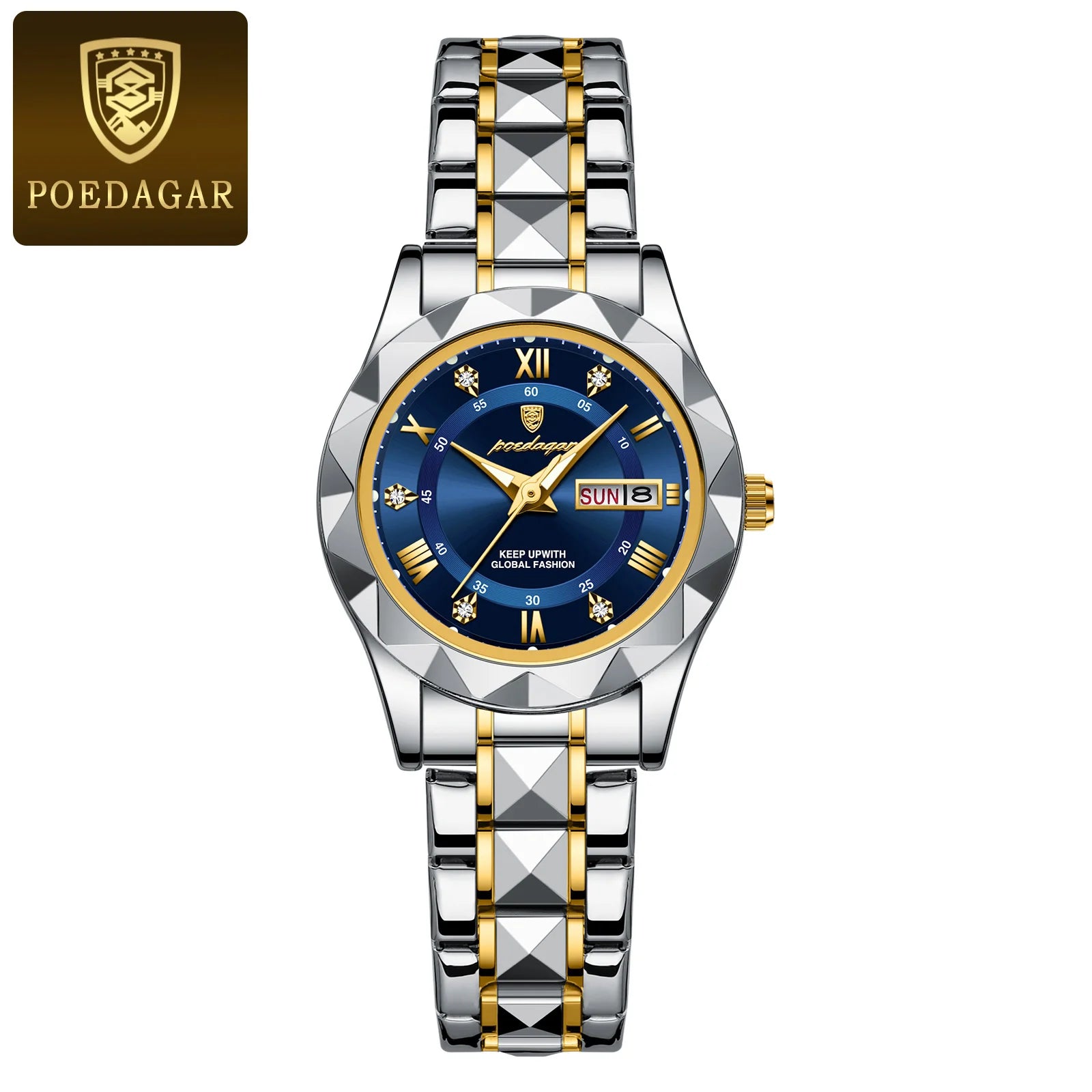 Storazone Gold Blue POEDAGAR Luxury Ladies Dress Watch Luminous Waterproof Week Date Woman Wristwatch Stainless Steel Women Quartz Watches reloj+box