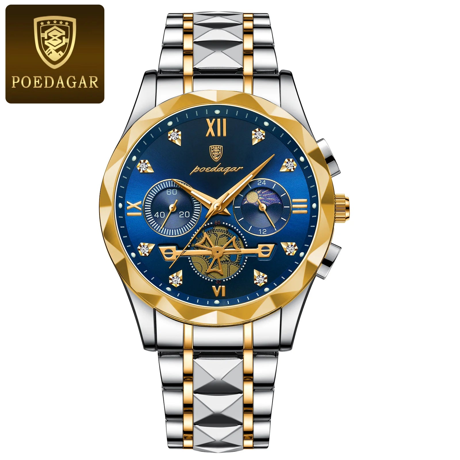 Storazone Gold Blue POEDAGAR Luxury Man Wristwatch Waterproof Luminous Chronograph Watch for Men Stainless Steel Men's Quartz Watches reloj hombre